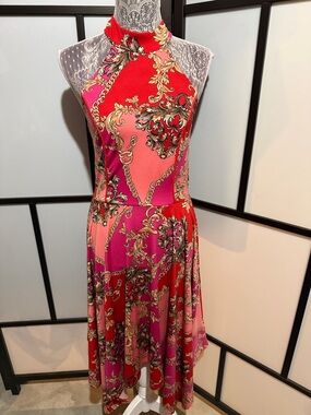 VENUS Red and Pink Baroque Halter High-Low Dress